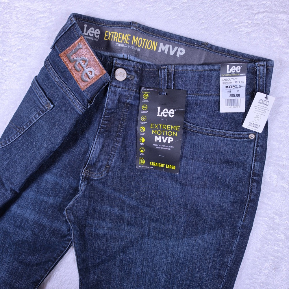 NEW Lee Extreme Motion MVP Men 38x32 Executive Blue Straight Taper Jeans 2018224